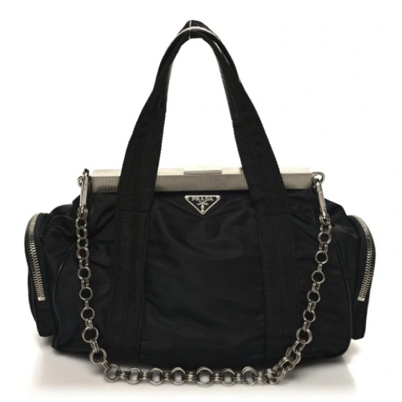Prada Tessuto Nylon and Leather Frame Satchel Black EUC - Picture 1 of 16
